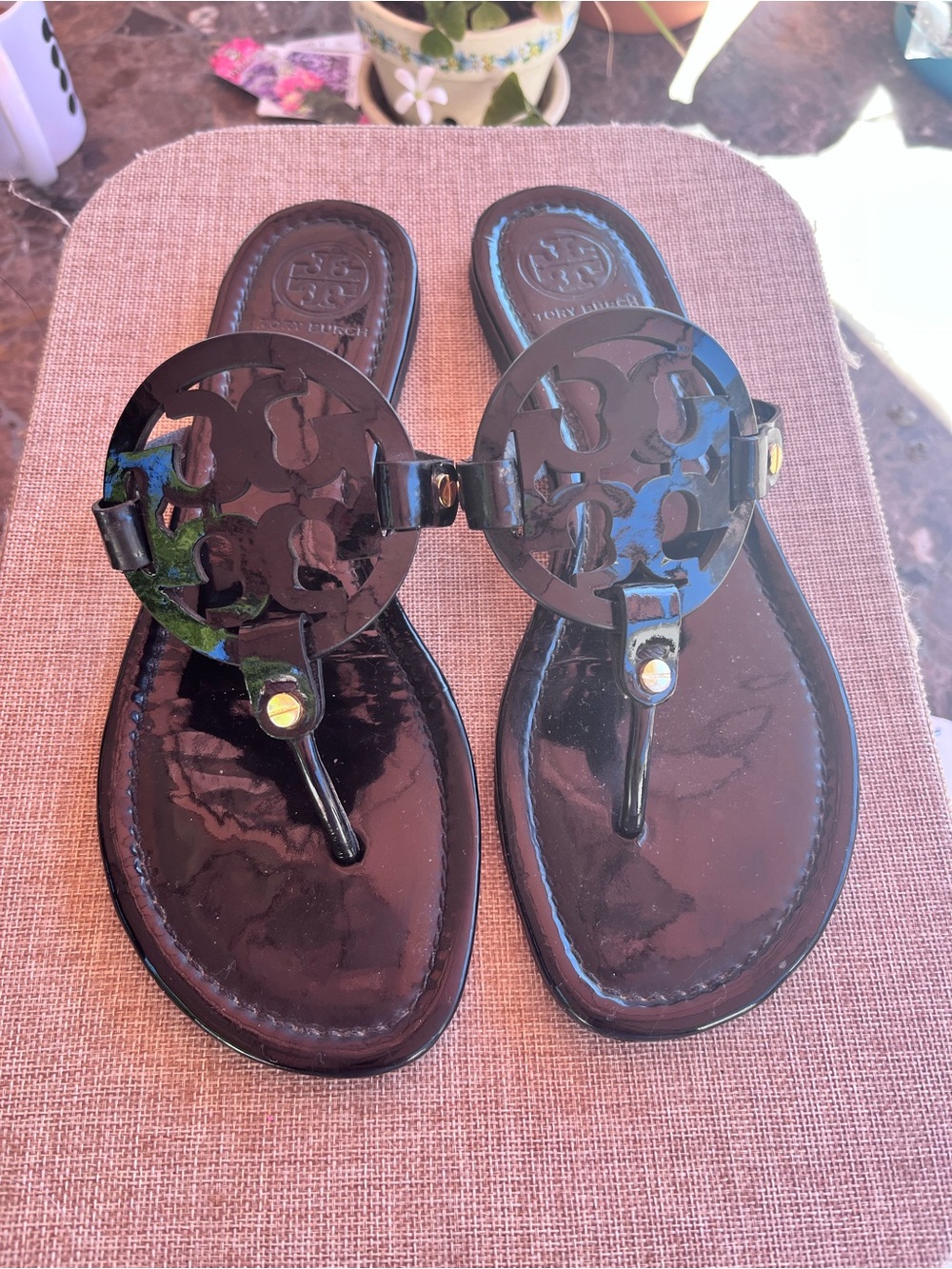 Tory Burch Black Patent Leather “Miller” Sandals